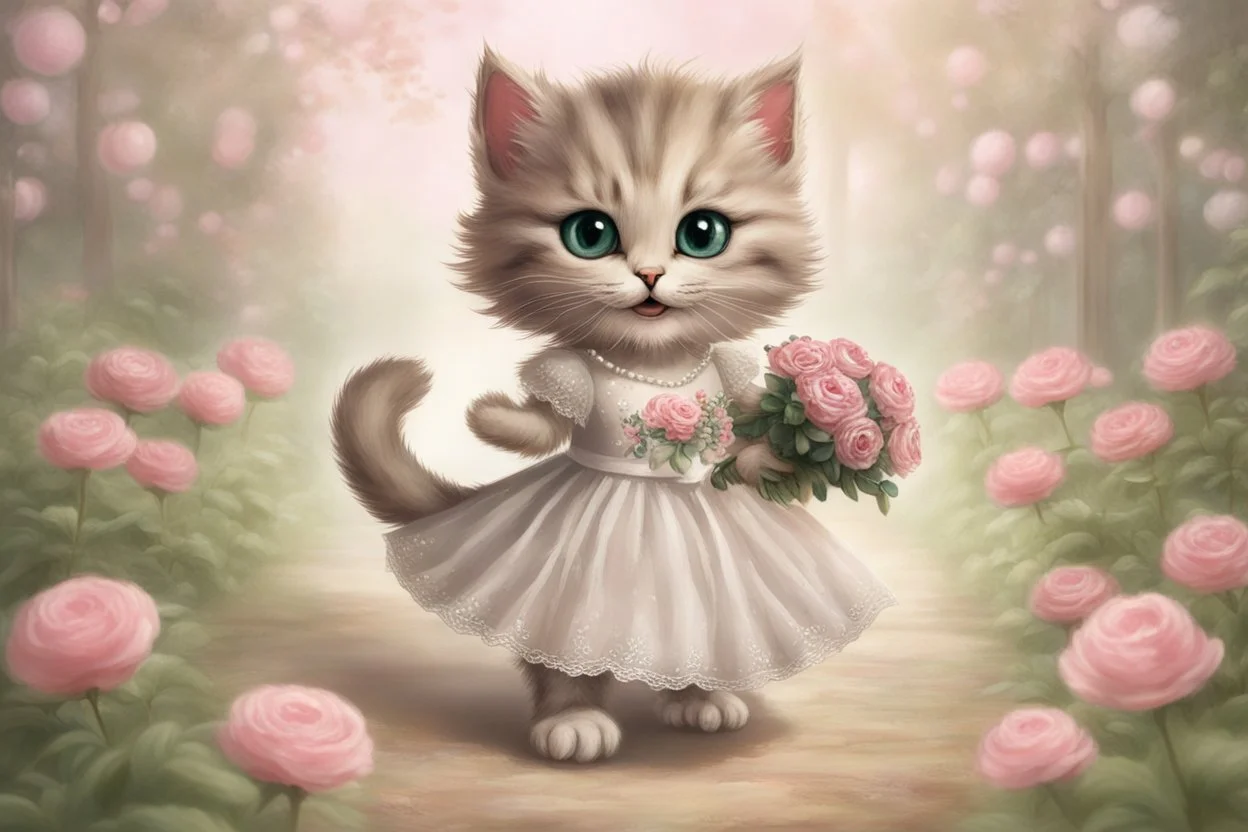 an anthropomorphic, kitten bride happily throwing a bouquet in a beautiful garden. The kitten has fluffy fur in shades of light brown and grey with distinct tabby markings on its face. Its large, expressive eyes are a deep emerald green and it has a small, pink nose. The kitten is wearing embroidered white lace bride dress, tulle, gemstones, pearls, adorning the hem and bodice. Behind her, a celebrating crowd, cats and people dressed in elegant clothes, wedding food and cake on the tables. Behin