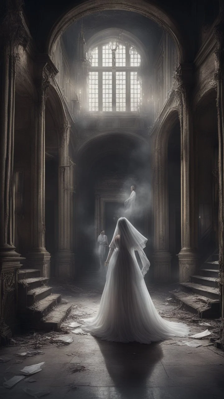 Hyper Realistic Ghost Couple Dancing inside a beautiful but dark-abandoned hall of an abandoned castle with creepy staircase, fancy-frames, candles, & torn-white-curtains behind showing dramatic & cinematic ambiance