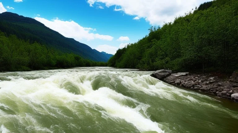 torrential wild white-water river fast flowing rapids dangerous in rural landscape with distant mountains behind