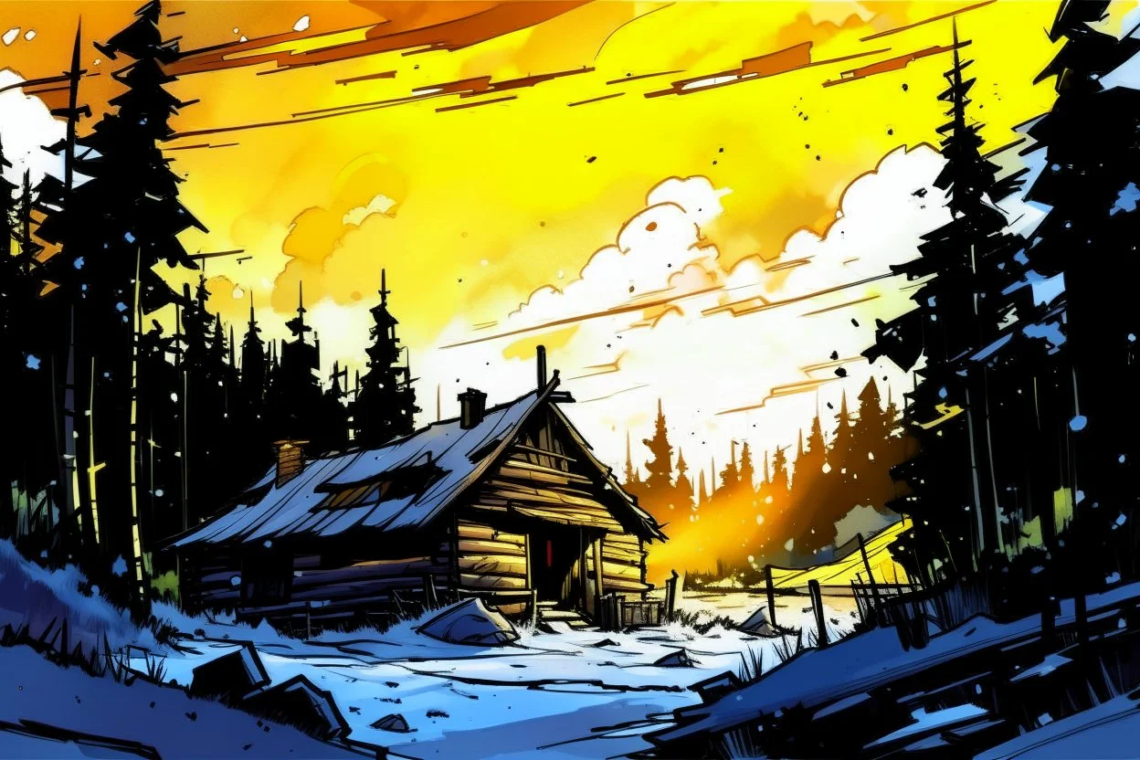 create ian ink wash and watercolor illustration of a rustic snowbound cabin at sunrise surrounded by deep drifts and overshadowed by looming trees in the mountains of the Pacific Northwest in the comic book art style of Mike Mignola, Bill Sienkiewicz and Jean Giraud Moebius, highly detailed, grainy, gritty textures, dramatic natural lighting