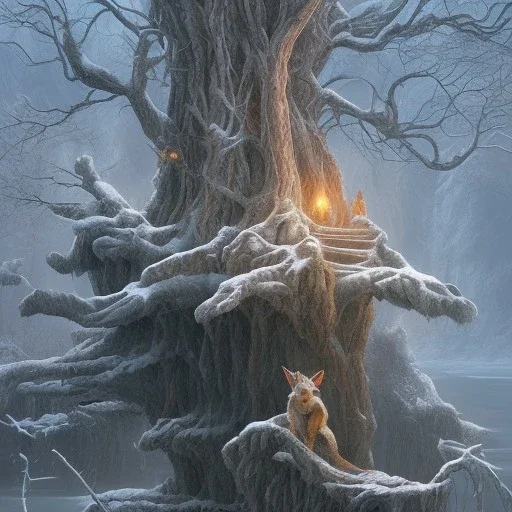 fantasy art of upper body of big wolf and wizard walking on very tight tree bridge over icy water