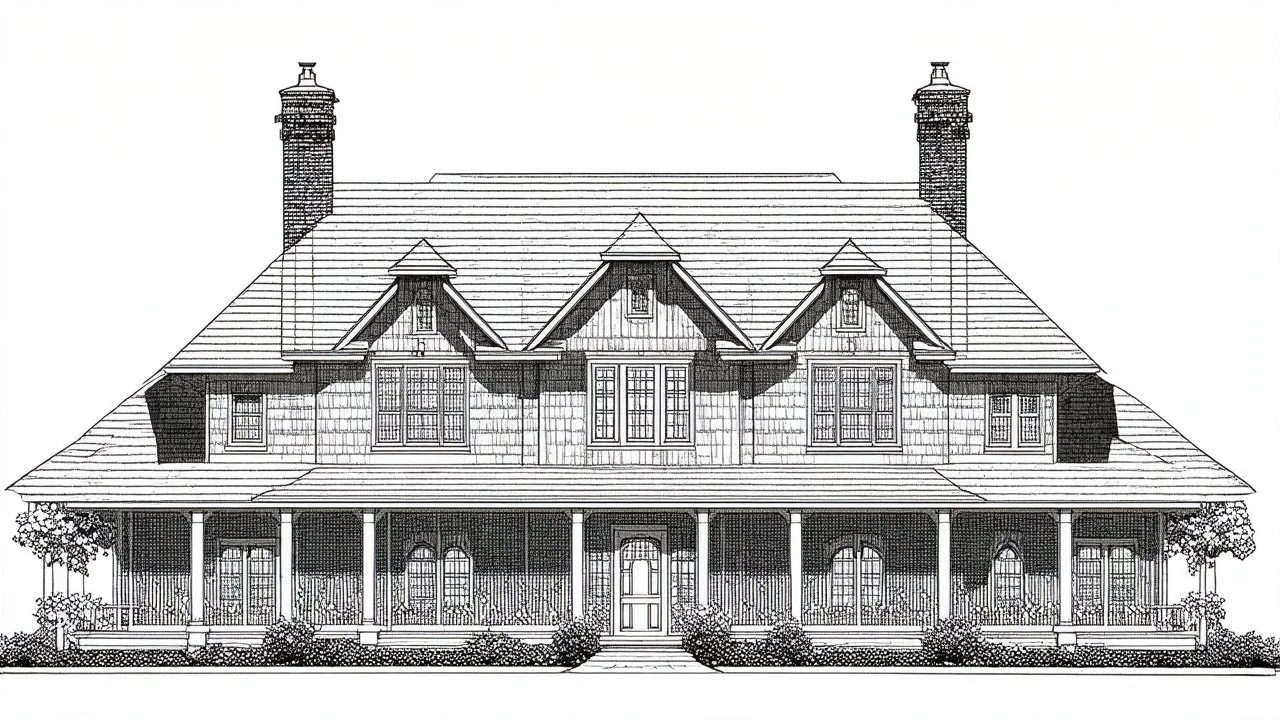 A front elevation fine line drawing of a fantasy Tudor farmhouse.