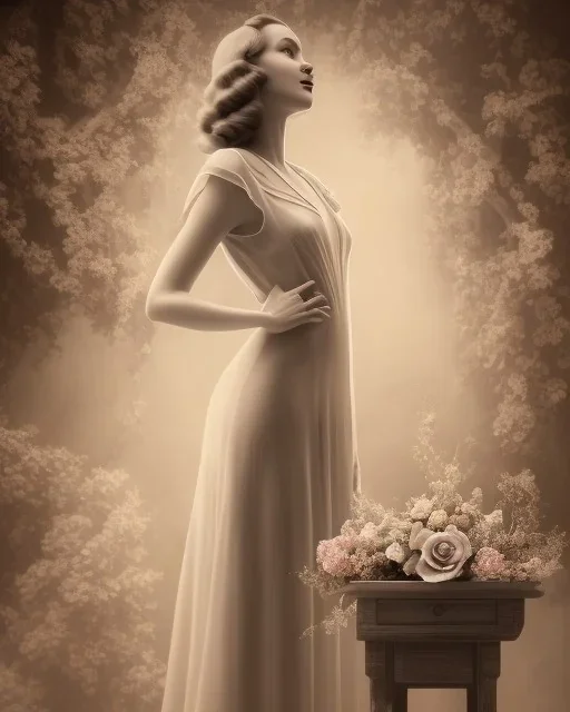 woman in 1930s gown standing near small table with flowers, gauzy white curtains, dreamlike, sepia photography, centered, 8k resolution, high-quality, fine-detail, intricate, detailed matte, volumetric lighting, photo-realistic, candles, translucent gown, illustration, 3D octane render, brian froud, howard lyon, selina french, anna dittmann, annie stokes, lisa parker, greg rutowski,