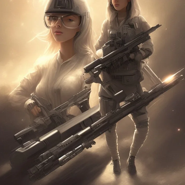 A girl with a beautiful and large military rifle in the galactic space