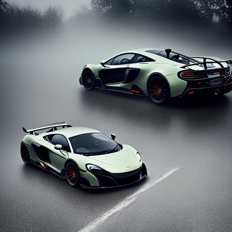 a Mclaren 675LT in the rain in very dark and foggy conditions