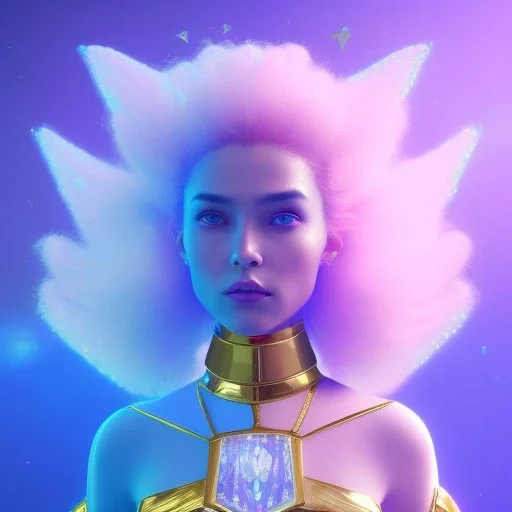 A portrait of a crystalised blue pink extraterrestrial, gold, diamonds, sunny background, atmospheric, realistic, unreal engine, 8k. Cinematic lighting, octane render.