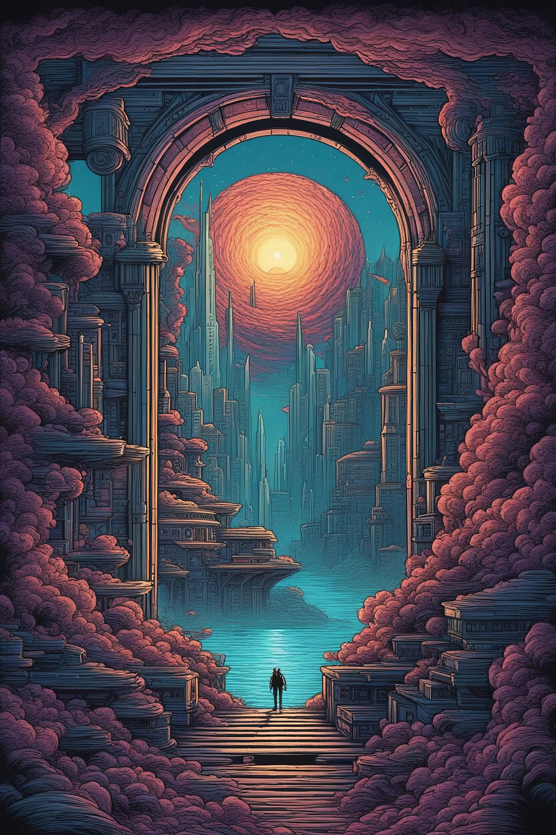 artistik city ,reminiscent of the style of artist Dan Mumford and art station. This image is a fantastical mix of comic and pop art influences, depicting an epic composition opening a portal to another realm. The details are immaculate, with each eye and power, while the aura surrounding it crackles with dark energy. The colors