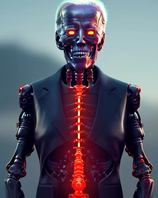 Terminator, Joe Biden as a Terminator,skeleton, evil, 8k, red glowing eyes, battle in background