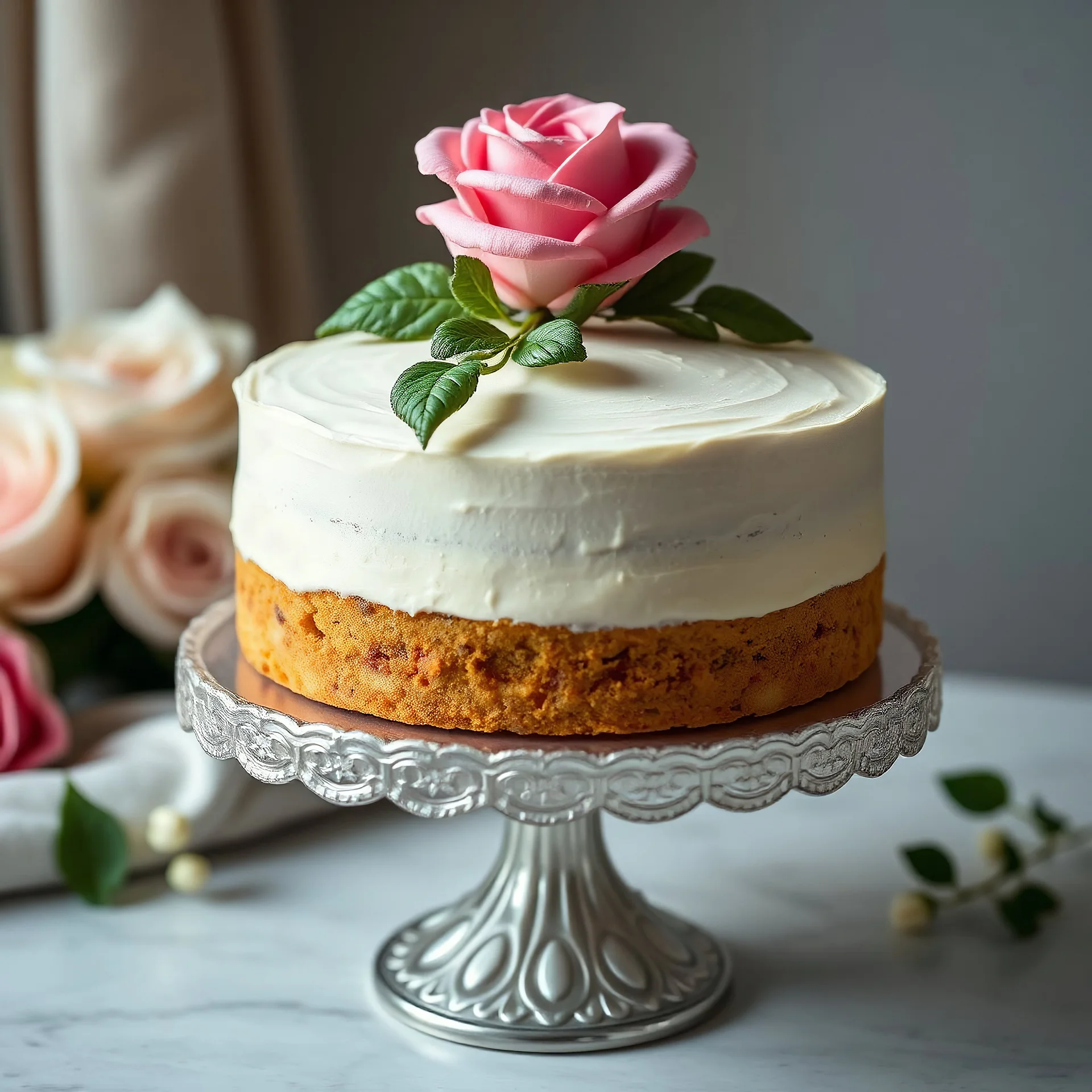 A full-view image of Prinsesstårta on a fancy cake stand, topped with a pink marzipan rose 🌹.