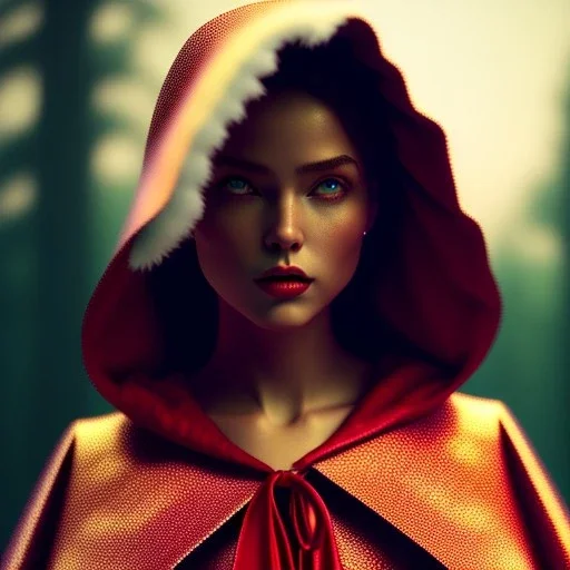 Head to shoulder portrait little red riding hood, by tim burton, cinematic lighting, Hyperrealism, 8k uhd, depth of field, photography, unreal engine, octane render, raytracing, cgi, lumen reflections, cgsociety, ultra realistic, volumetric fog, insanely detailed, intricate golden ratio