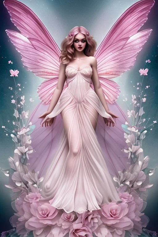 Magnifique woman lady fairy facing happy voluptuous white pink enchanted flowers wings magic long big dress pink outerspace stars planets