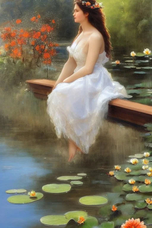 a beautiful woman with long brown hair in a romantic floral dress sits contemplatively on a pier, her feet in the water, white water lilies floating on the water extremely detailed intricate very attractive beautiful crisp quality Michelangelo Daniel Gerhartz in sunshine