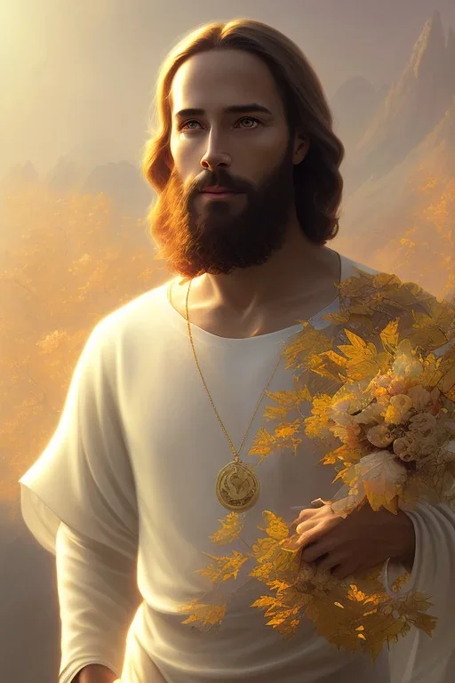 Jesus portrait , detailed hands, at dawn by atey ghailan, golden light , white robe, holding leaves and flowers , angels background, volumetric light, high detail, red leaf tree, mountains in background, perfect