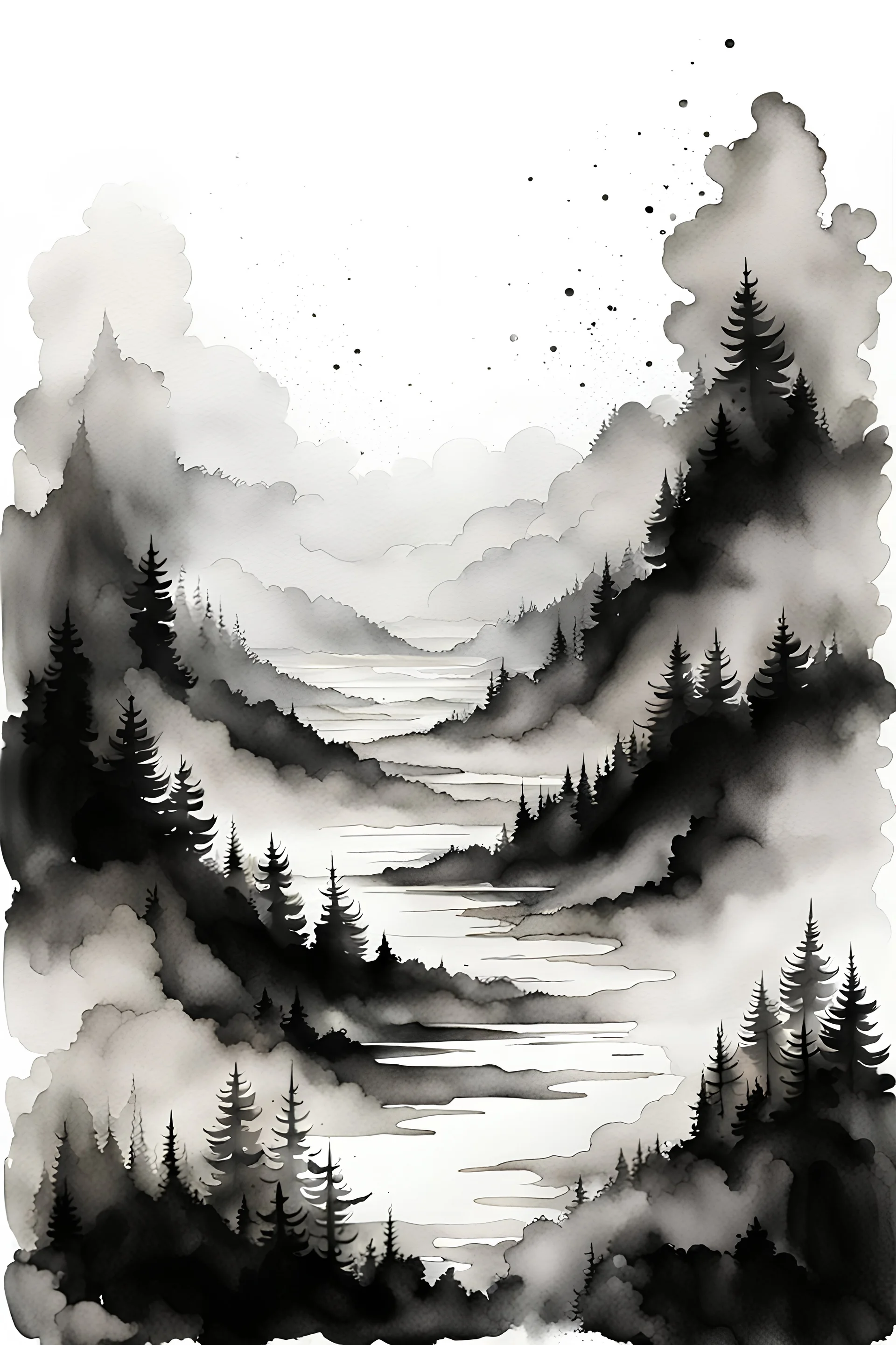 black and white watercolor drawing The haze