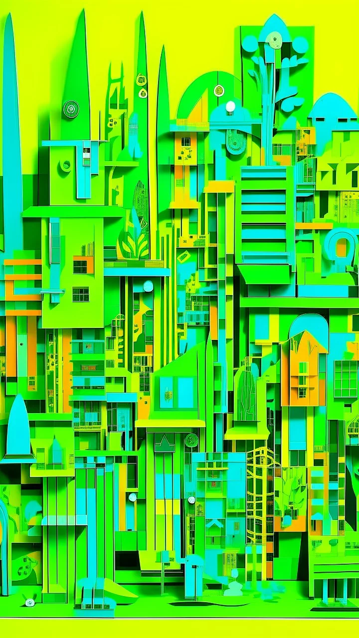 A lime green cybernetic metropolis designed in Chinese paper art painted by Stuart Davis