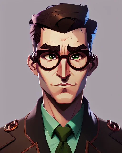 Fit man in round glasses, wavy hair, stubble, slim, tie, monotone, green eyes, comic book style, two tone colours, detailed, ink, realistic, handsome, square jaw, big brows, no jacket, bird on the shoulder, spotlight