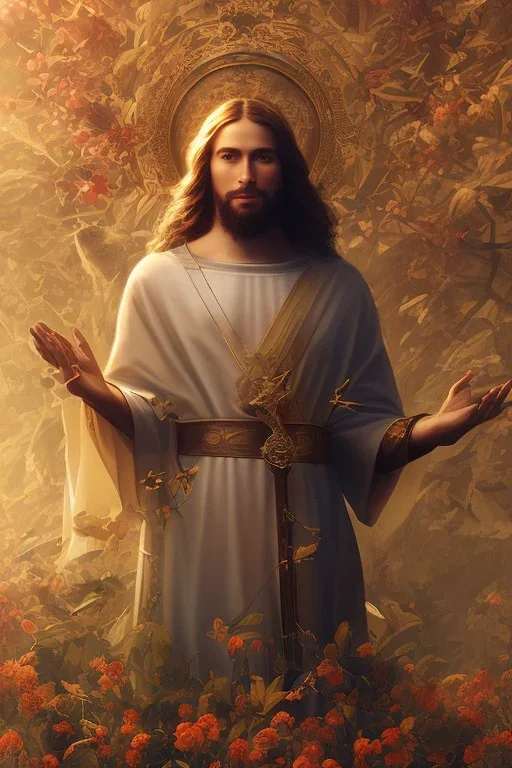 Jesus portrait, holy cross in middle , detailed hands, at dawn by atey ghailan, golden light , white robe, holding leaves and flowers , angels background, volumetric light, high detail, red leaf tree, mountains in background, perfect