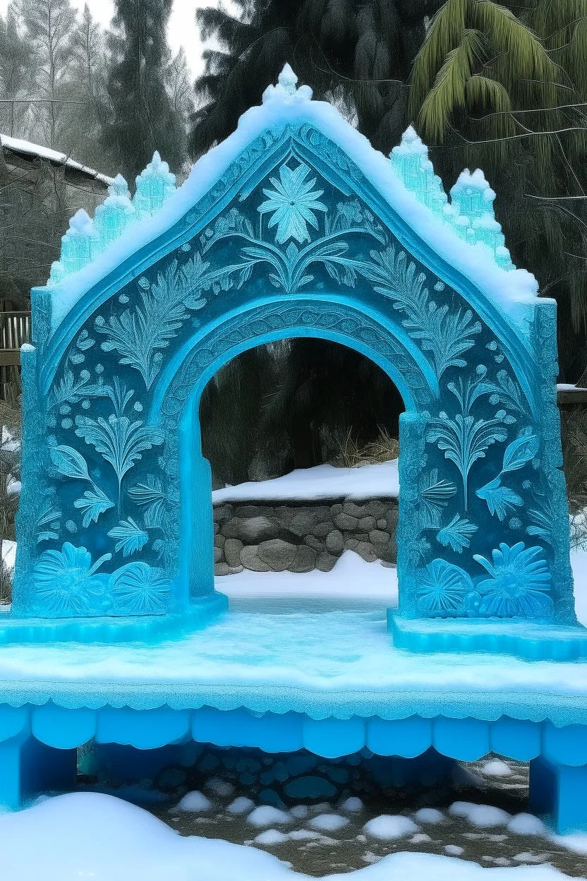 A cyan glacier with falling snowflakes designed in German folk art