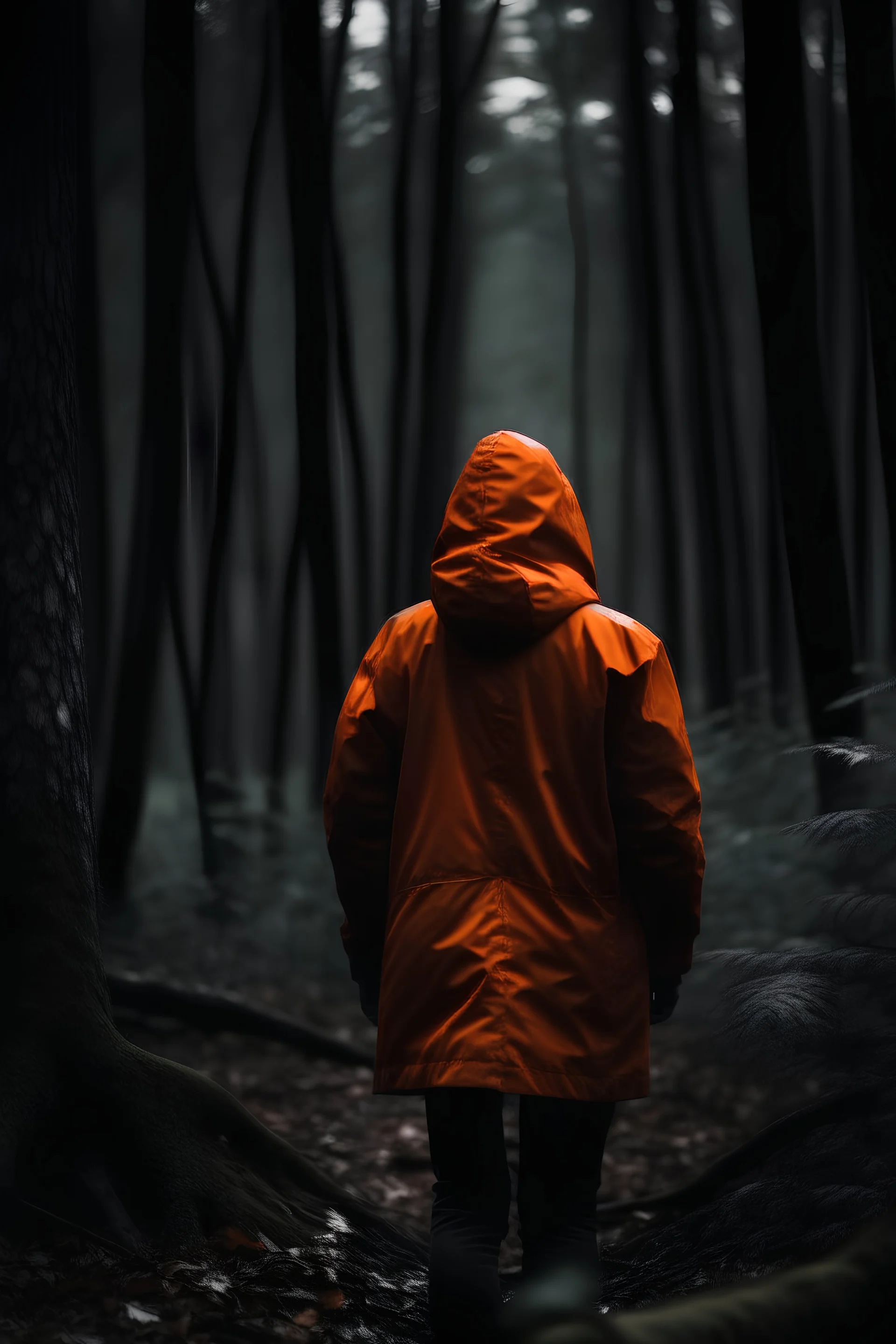 dark moody forest with person in orange jacket focus on person