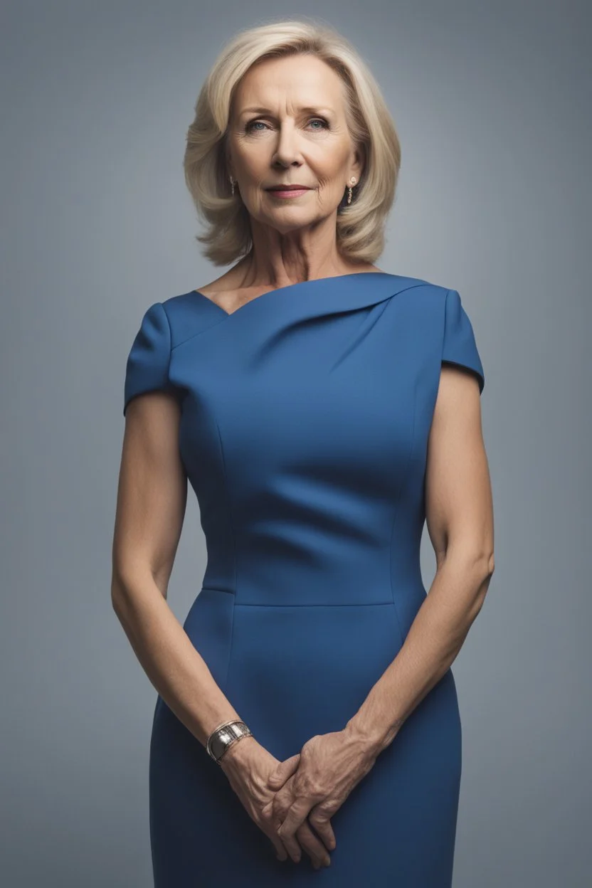 Powerful classical portrait of a modern blonde politician in her late 50s wearing a blue dress standing in a powerful position