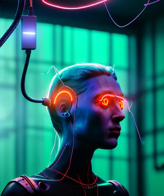 Ultra realistic photographic night portrait, cinematic, <blonde woman> <hanging wires> many wires coming out of the head <perfect pupil> <cyborg arm> <garage> <wide angle Shot> <sci-fi futuristic> <thriller>, neon lights, color fog, soft color, highly detailed, unreal engine 5, ray tracing, RTX, lumen lighting, ultra detail, volumetric lighting, high definition.