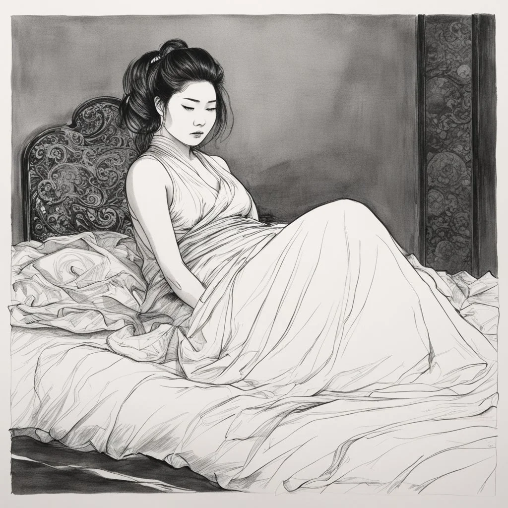 [An ink drawing on paper of Hotei] Dana lies on her bed, possessed by Zuul, she is waiting for the The Gatekeeper. she wears a transparent linen dress