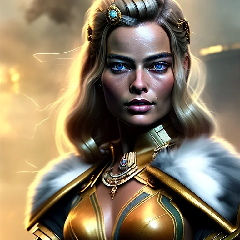 only margot robbie, fly hair, mist around, highly realistic, highly detailed, warrior armor, mist around, smoke