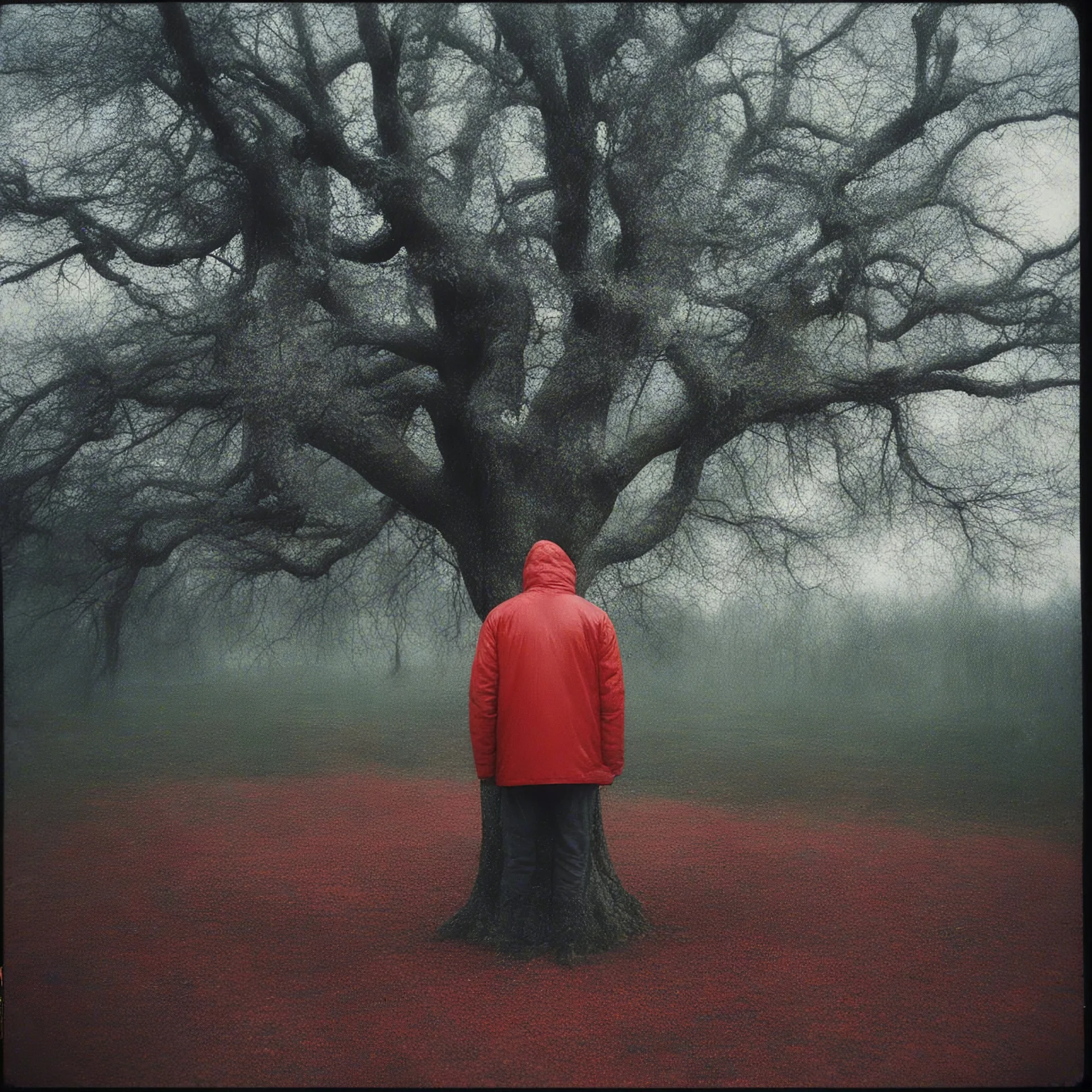 Tree, red, autochrome, plastic puffy jacket