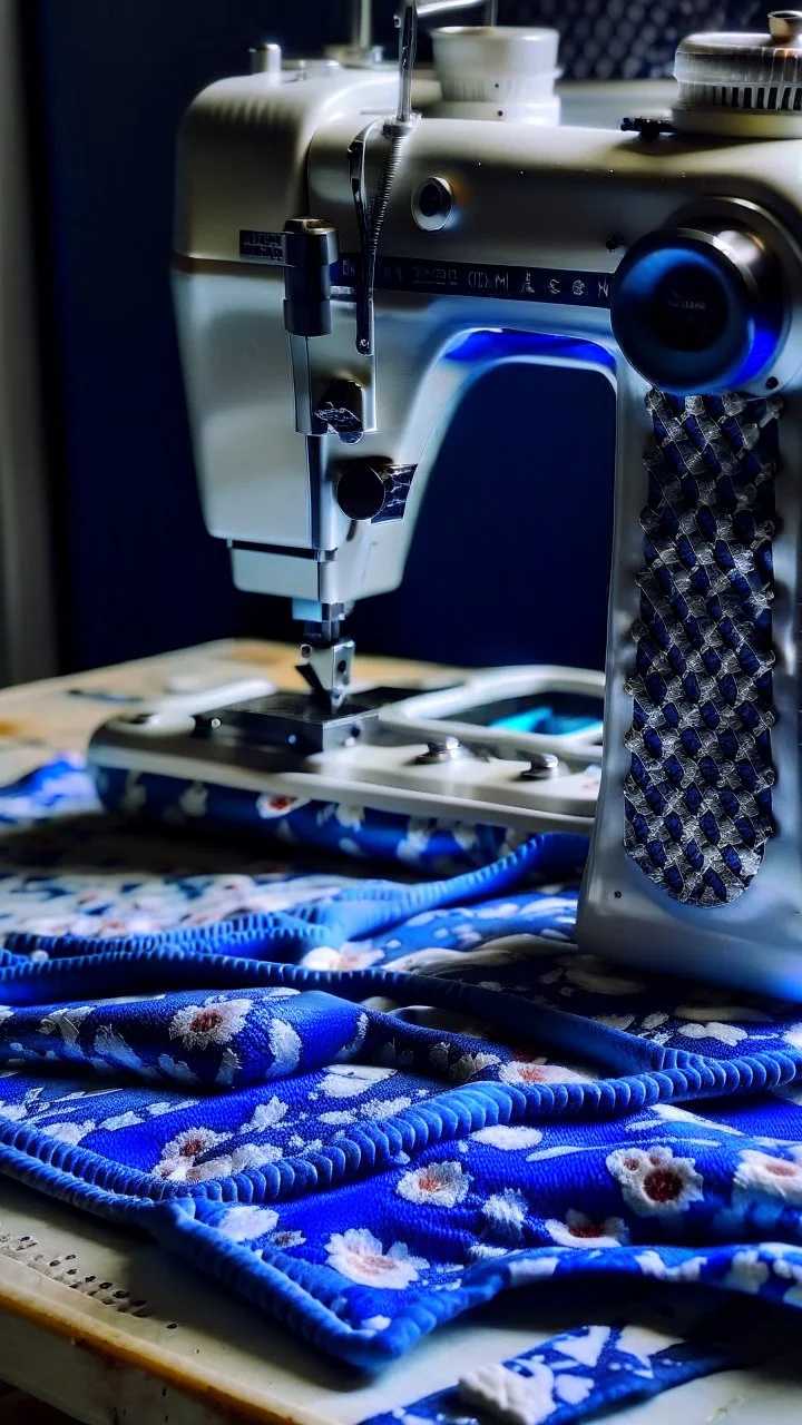 sewing aesthetics, blue, white, sewing machine, fabrics