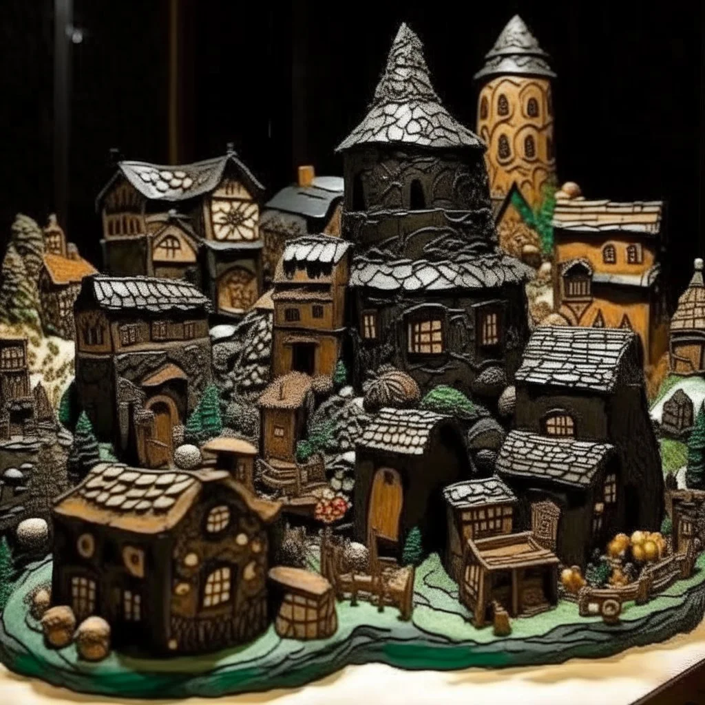 A black Japanese village made out of gingerbread with a hidden temple painted by Pablo Picasso