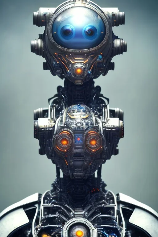 a beautiful full frame portrait digital painting of futuristic gaspunk robot, wide angle view, close-up, macro lens, centered camera, titanium accents, intricate details, small minutiae, tiny features, particulars, colorful, 8k, least ambient occlusion, volumetric lighting, volumetric clouds