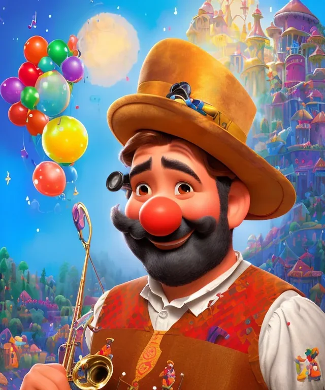 oilpainting, happy and funny old friendly clown with round head and trimmed beard playing jazz with a steampunk theme, trumpet on mouth, paintbrush and aisle, carnival, dreamy