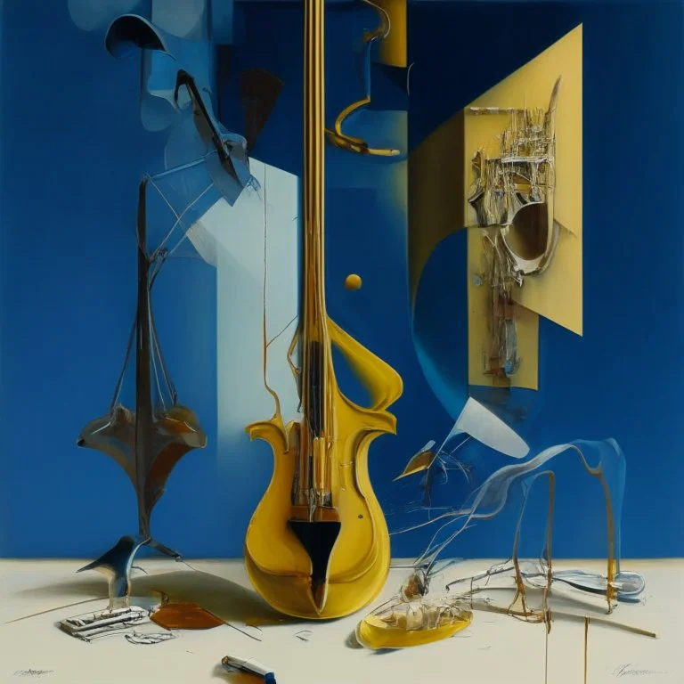 Abstract painting formed by a mix of human flesh-like surgical instruments and universe-like musical instruments,neuralink,minimalism,Painting By Adrian Ghenie, Rene Magritte, Salvador Dali, Lucian Freud