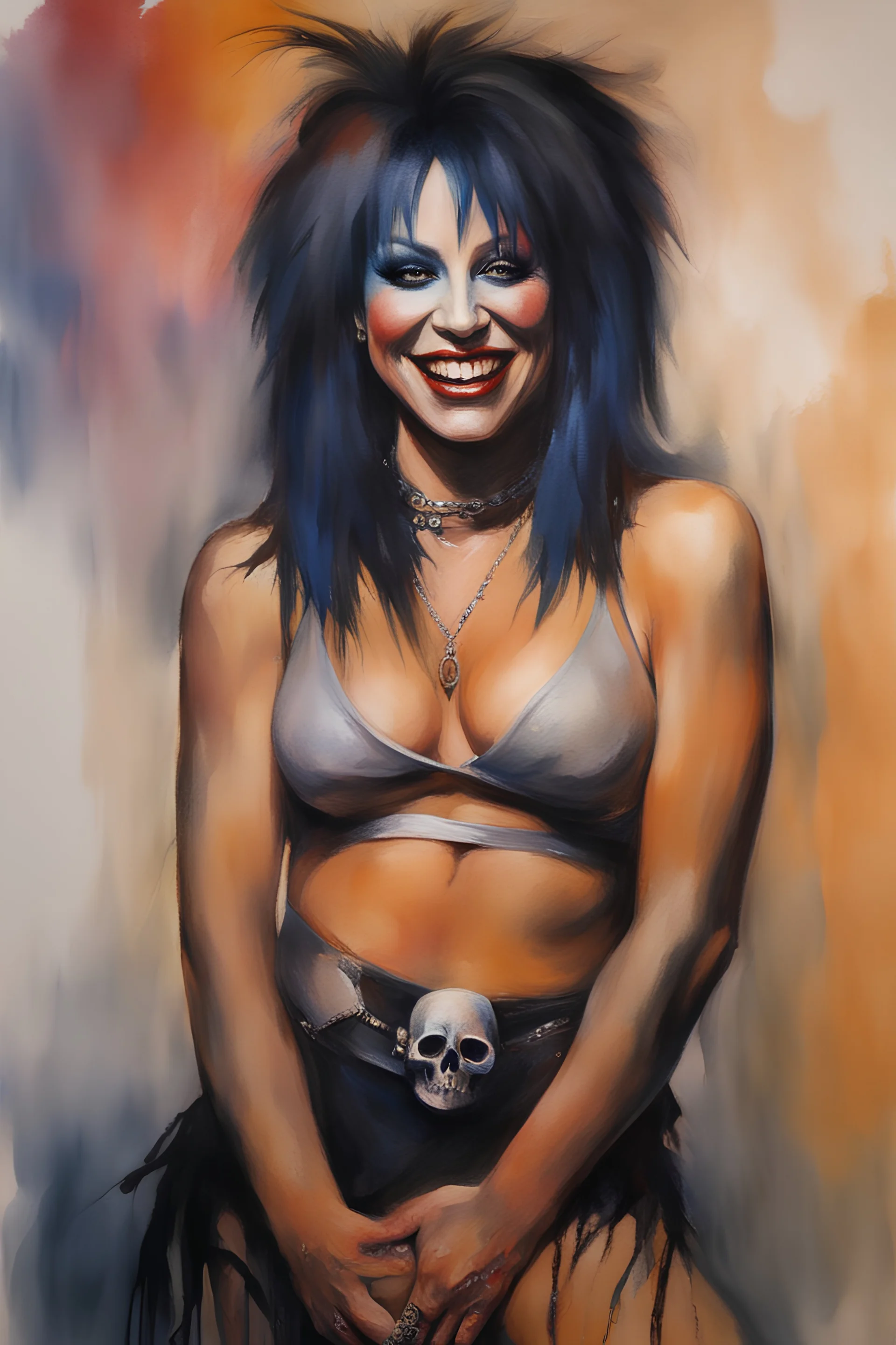 text "MOTLEY CRUE", head and shoulders portrait, Miss Motley Crue - well-shaped, perfect figure, perfect face, laughing, a multicolored, watercolor stained, wall in the background, oil painting in the art style of Frank Frazetta, 4k, 8k, 32k UHD, Hyper realistic, extremely colorful, vibrant, photorealistic, realistic, sharp, highly detailed, professional quality, beautiful, awesome, majestic, superb, trending on artstation, pleasing, lovely, Cinematic, gorgeous, Real, Life like, Highly detailed,