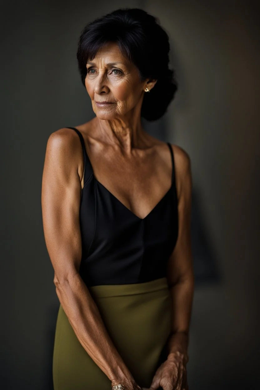 Portrait of a 60 year old Olive skinned woman, dark hair with hints of grey