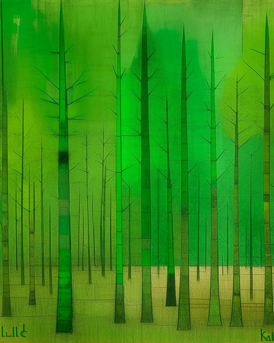 A green forest with giant trees painted by Paul Klee
