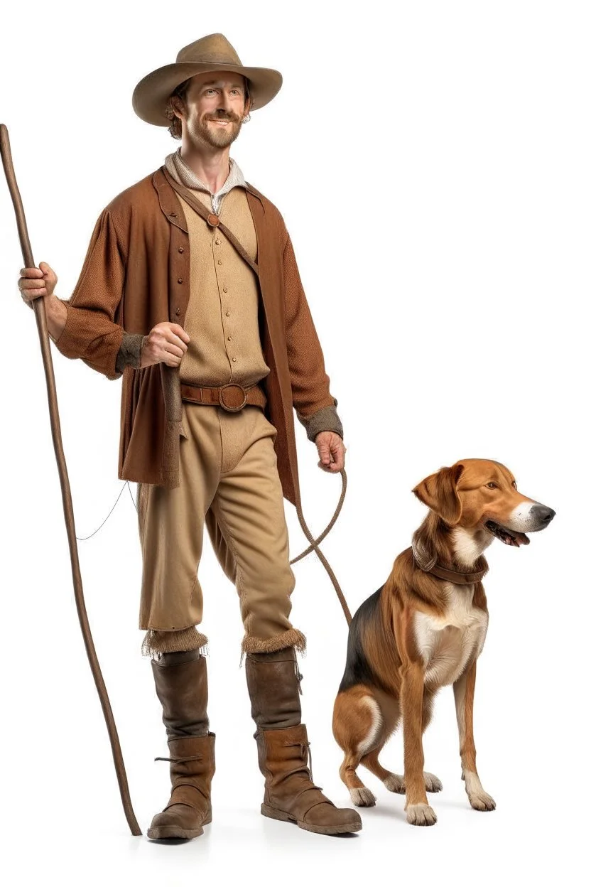 Full body cowboy with a dog and fancy walking stick