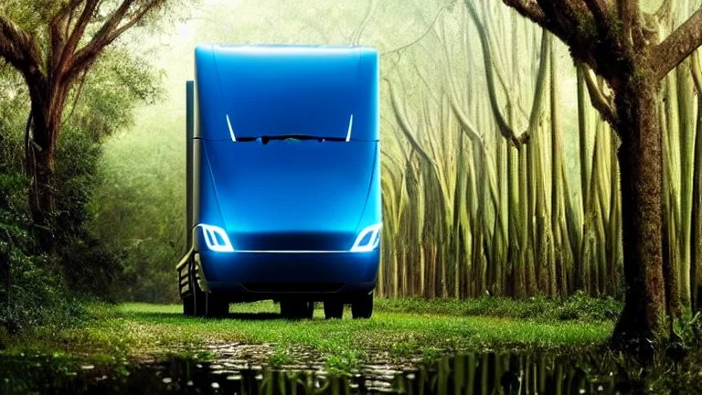 A Tesla semi-truck is parked, in a jungle of the Jurassic Period. CINEMATIC. WIDE ANGLE LENS. PHOTO REAL.