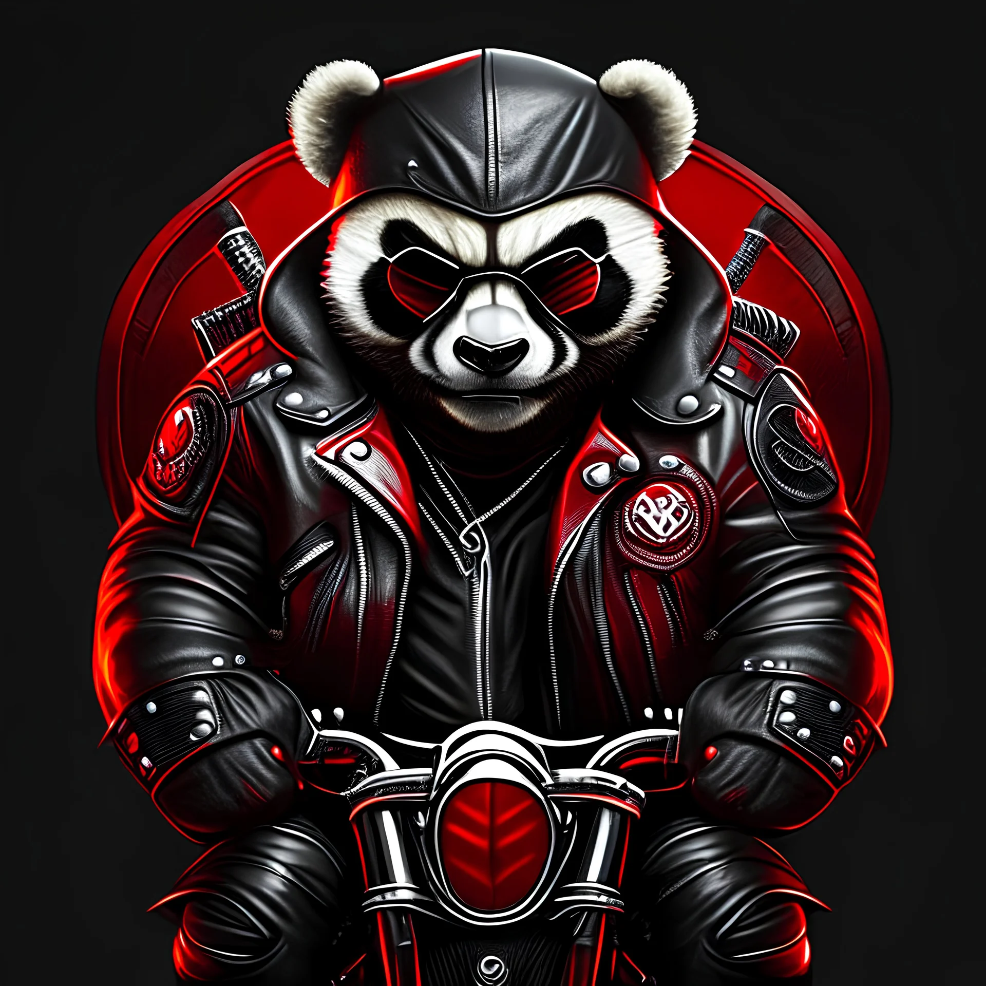 angry gangster panda wearing leather jacket riding harley davidson, agry red eyes, full body, full detail, no background color.