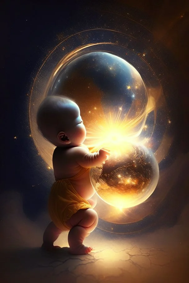 A baby playing with a globe containing the secrets of the universe with an imploding sun in the background and stars flying by