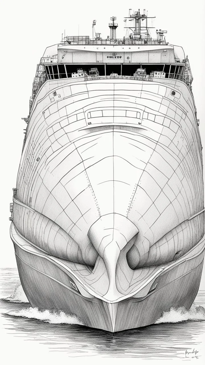 A drawing of a container ship that looks like a big beluga whale