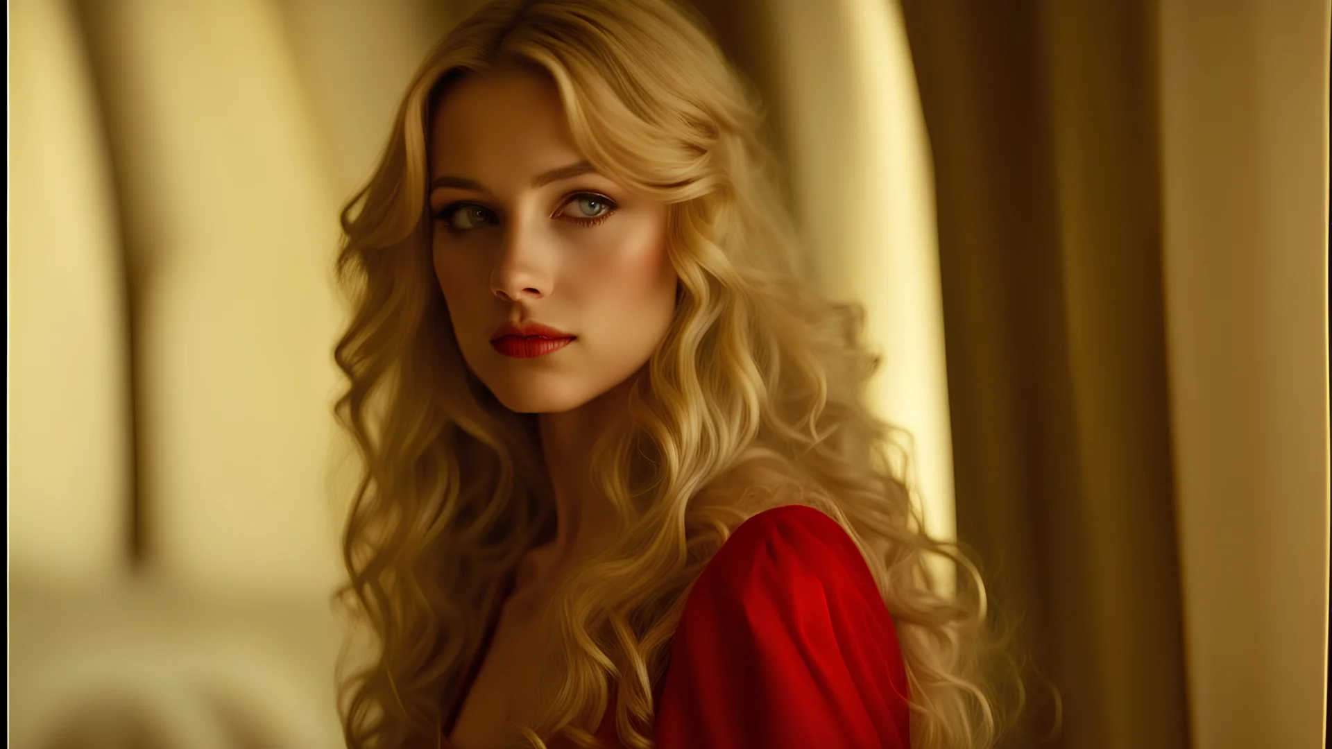 Photo is in sharp focus with high resolution during the middle of day and is a closeup of a beautiful and slender caucasian 17 year old girl with long wavy blonde hair. She has a small upturned nose, full lips, large dark eyes and with long eyelashes. She is wearing a red corset. She is in a castle room gazing at the viewer.