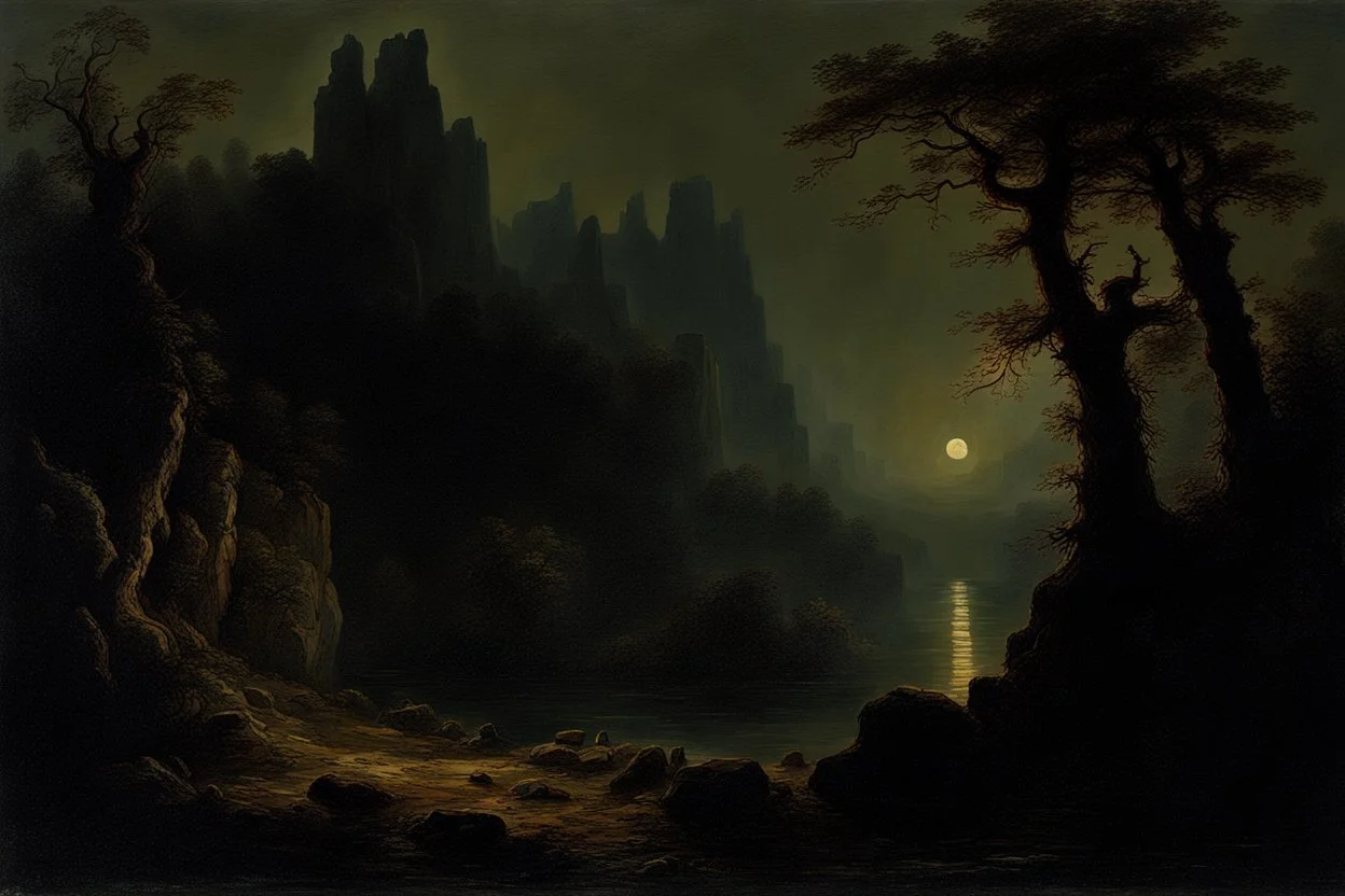 Night, rocks, trees, begginer's landscape, horror gothic movies influence, friedrich eckenfelder, and pieter franciscus dierckx impressionism paintings