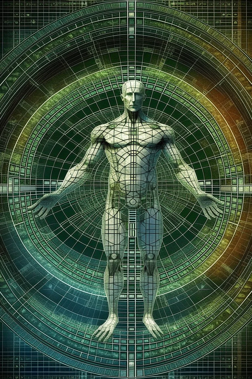 Human – Language – Computer. Leonardo da Vinci's Vitruvian man against the background of the matrix and the crumbling ones and zeroes. close-up of the surrounding area. Solid science fiction, high resolution