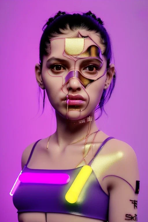 Ultra Realistic image, Rosalía artist, 40 years old, portrait, normal complexion, natural small busty, traditional little tattoo, two bows, little chopsticks hair ,black eye long liner, latex t-shirt, inflatable open coat, gold pink and blue style, spray line glow make up, geometric led jewelry, fog, hot, inflatable style latex coat, vibrant color, highly detailed, art stations, concept art, smooth, unreal engine 5, god rays, ray tracing, RTX, lumen lighting, ultra detail, volumetric lighting.