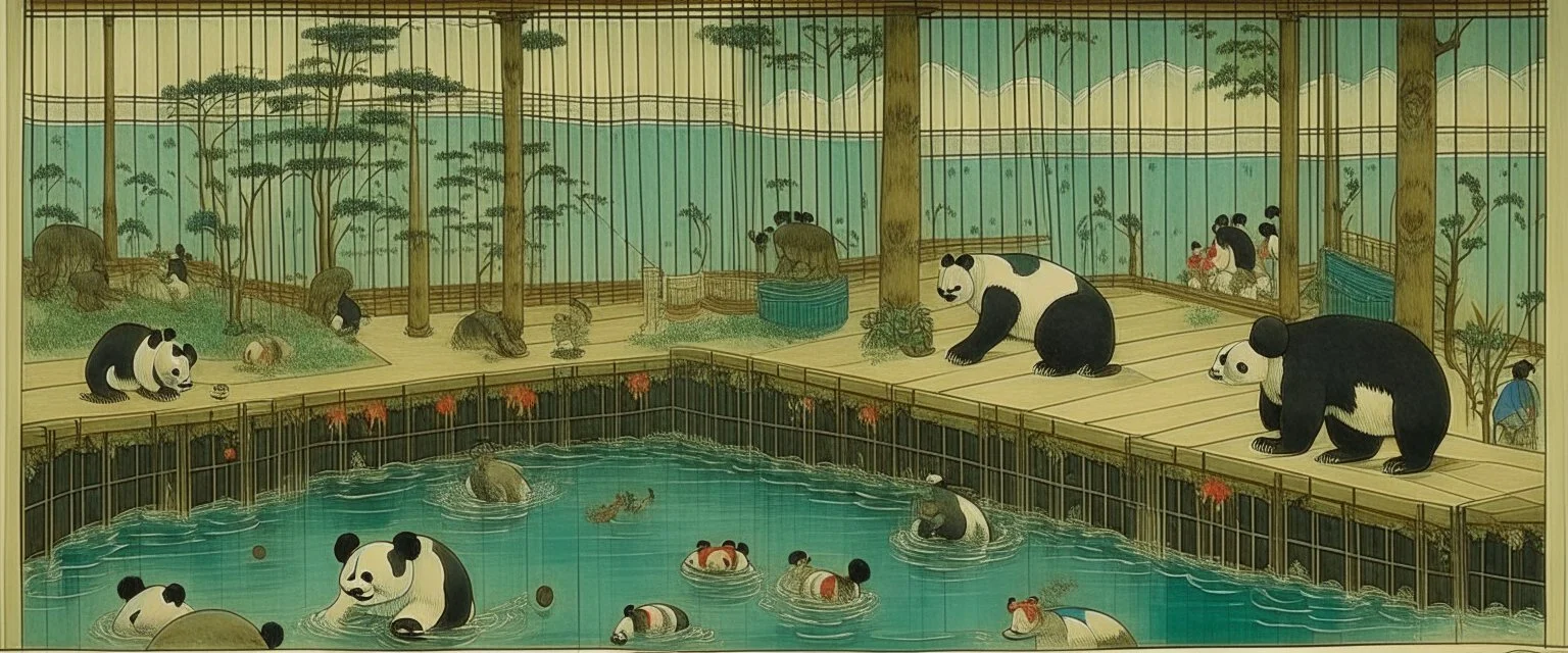 A pool filled with pandas painted by Utagawa Hiroshige