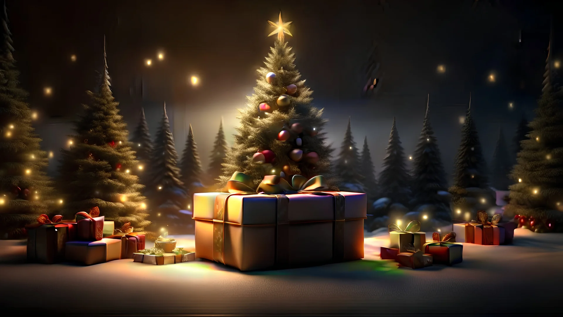 Christmas scene with a large gift box 1 meter high by 2 meters wide in the center, a tree with lights, a warm fireplace lit, realistic, snow on the ground Removed From Image