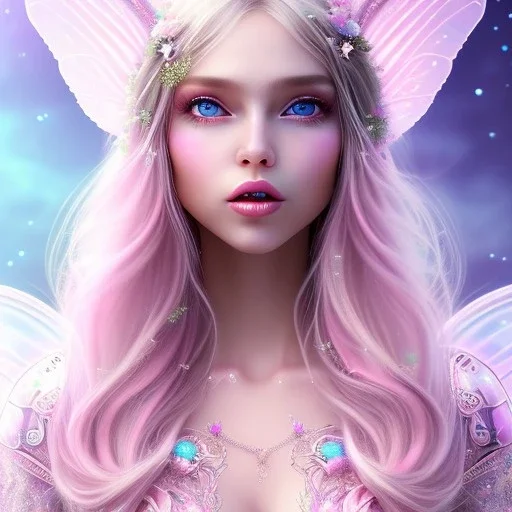 beautiful, soft, big smile face, whole head, long straight blonde hair blues eyes, crown on the head, clothing in transparent bluish and pink veil,fairy wings on the back, background brillante bluish and pink, hight definition, 8K