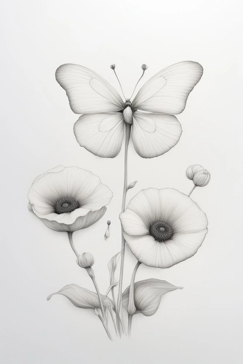 A white butterfly Minimalist white ink pencil and white drawing of white poppie in a white background