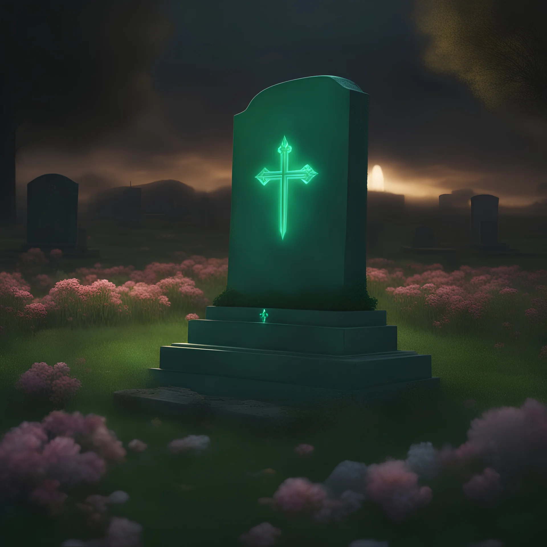 A landscae with glowing emerald green, 4k, flowers on the sides, a grave stone in front angle, lightning